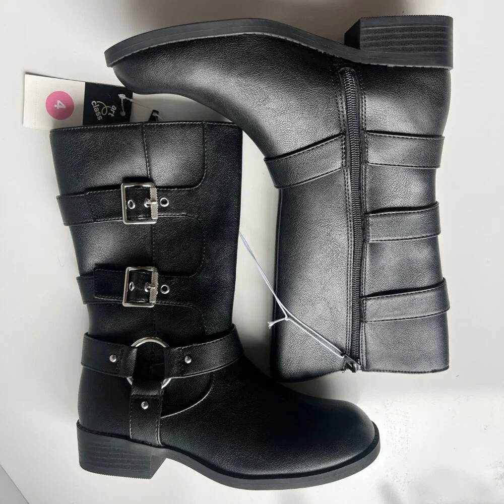 Art Class Black Mid-Calf Boots With Triple Buckle Details & Side Zipper Girls 4